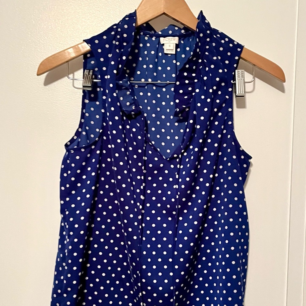 J.Crew Sleeveless Silk White Polka Dot Cobalt Blouse - Picture 2 of 10